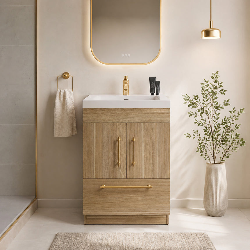 Bathroom with wooden vanity, sink, and decorative elements.
