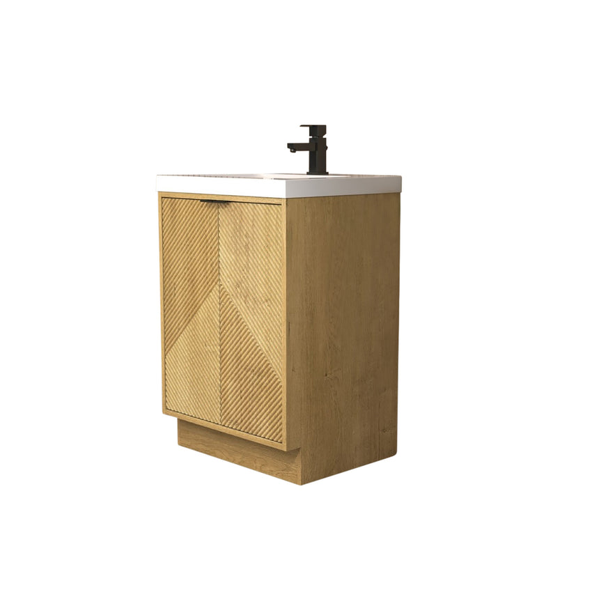 Bathroom vanity with wooden cabinets and decorative elements