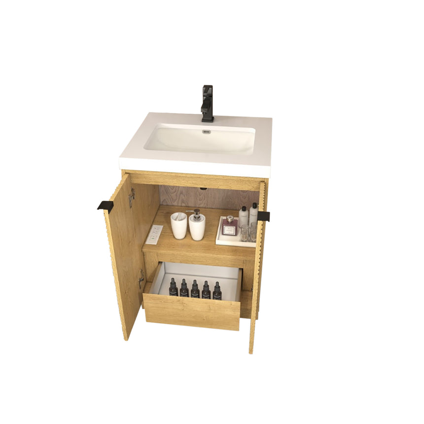 Bathroom vanity with wooden cabinets and decorative elements