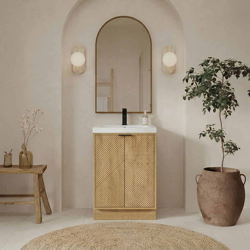 Bathroom vanity with wooden cabinets and decorative elements