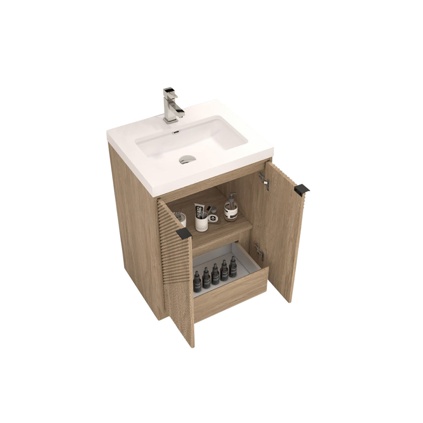 Bathroom vanity with wooden cabinets and decorative elements