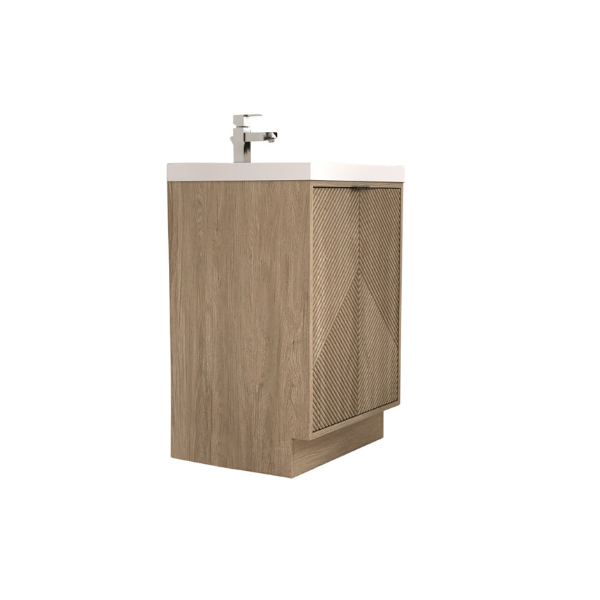 Bathroom vanity with wooden cabinets and decorative elements