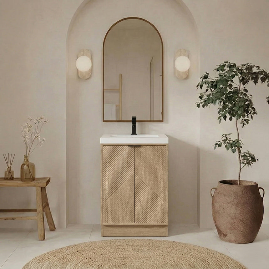 Bathroom vanity with wooden cabinets and decorative elements