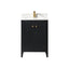 Black bathroom vanity with white countertop and gold fixtures on a white background