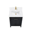 Black vanity with white countertop and gold fixtures on a white background