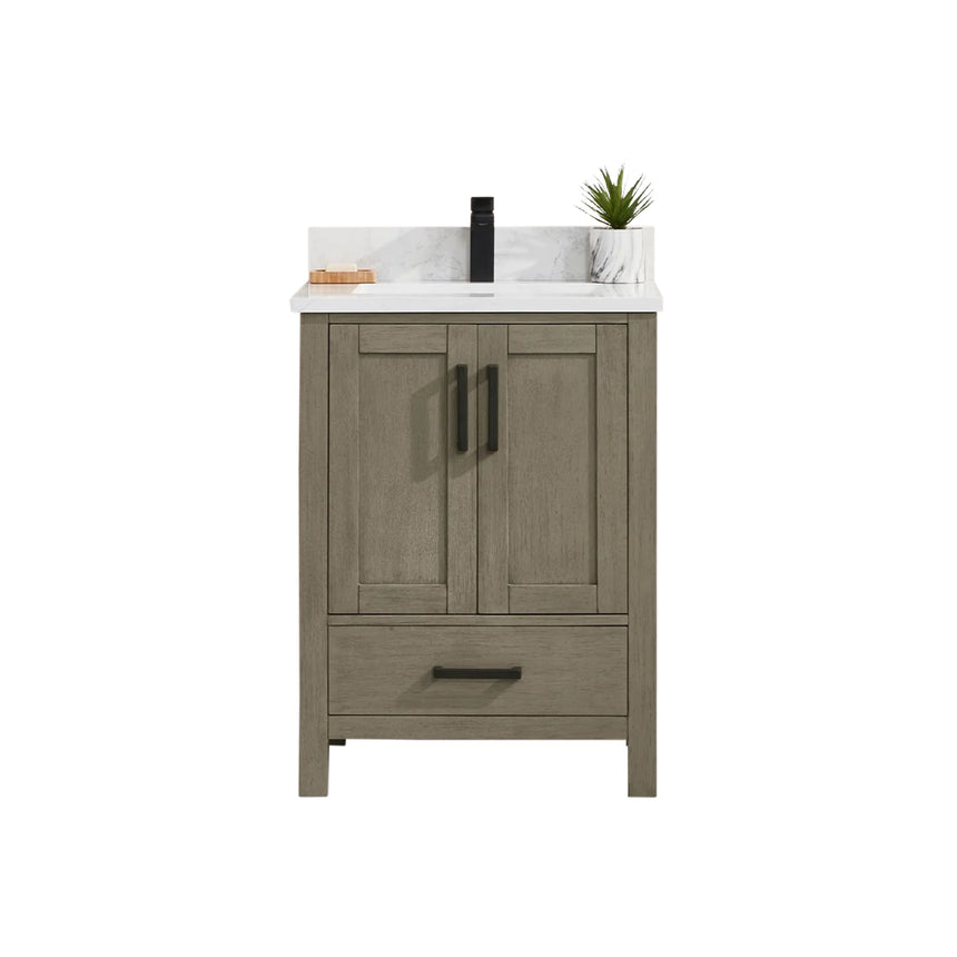 Bathroom vanity with wooden cabinets and white countertop, featuring a toilet and towel on the side.