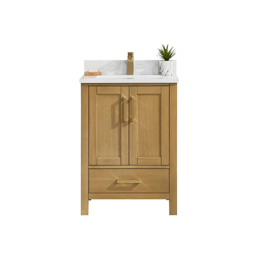 Bathroom vanity with wooden cabinets and white countertop, featuring a toilet and towel on the side.