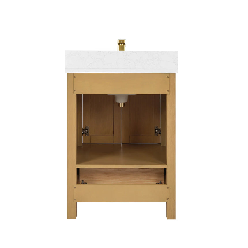 Bathroom vanity with wooden cabinets and white countertop, featuring a toilet and towel on the side.