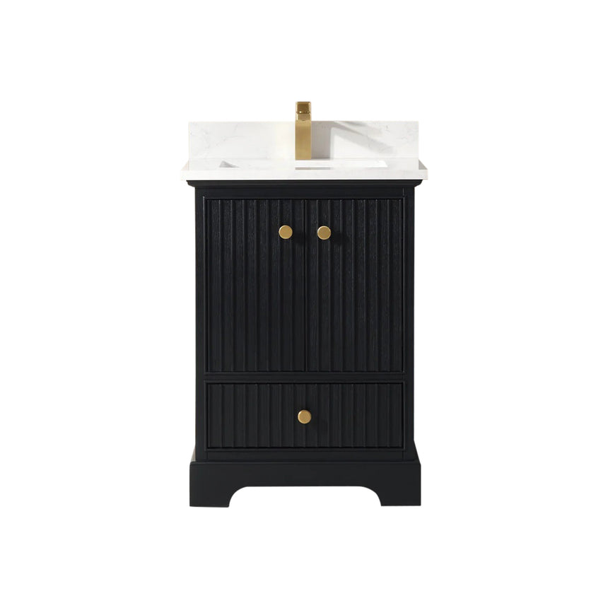 Bathroom vanity with wooden cabinet and white countertop in a bathroom setting.