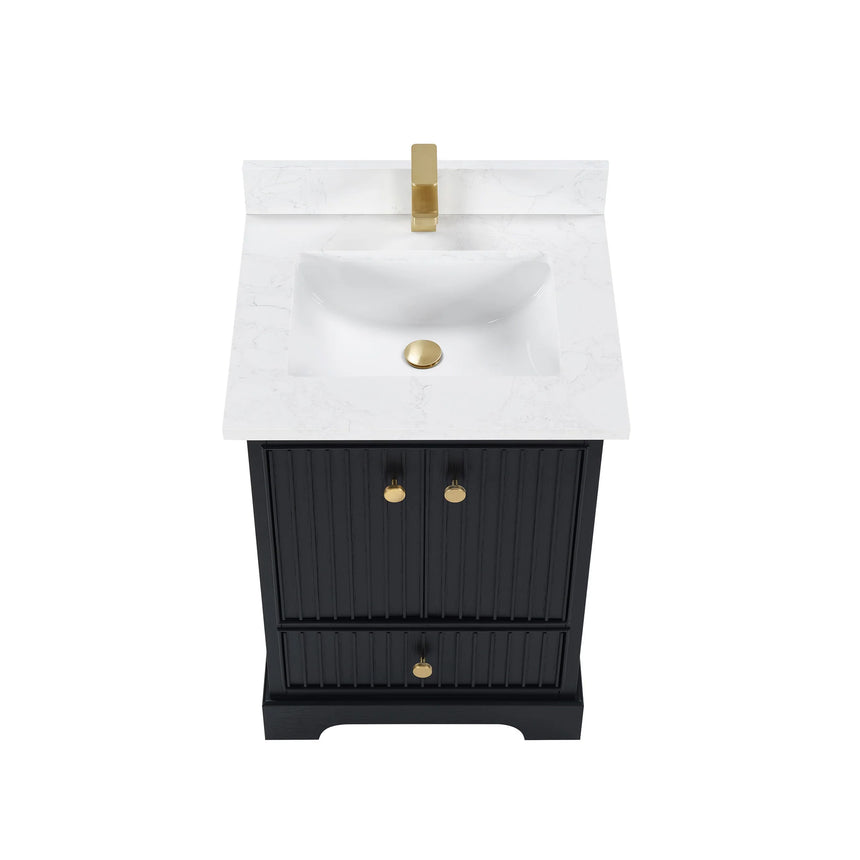 Bathroom vanity with wooden cabinet and white countertop in a bathroom setting.