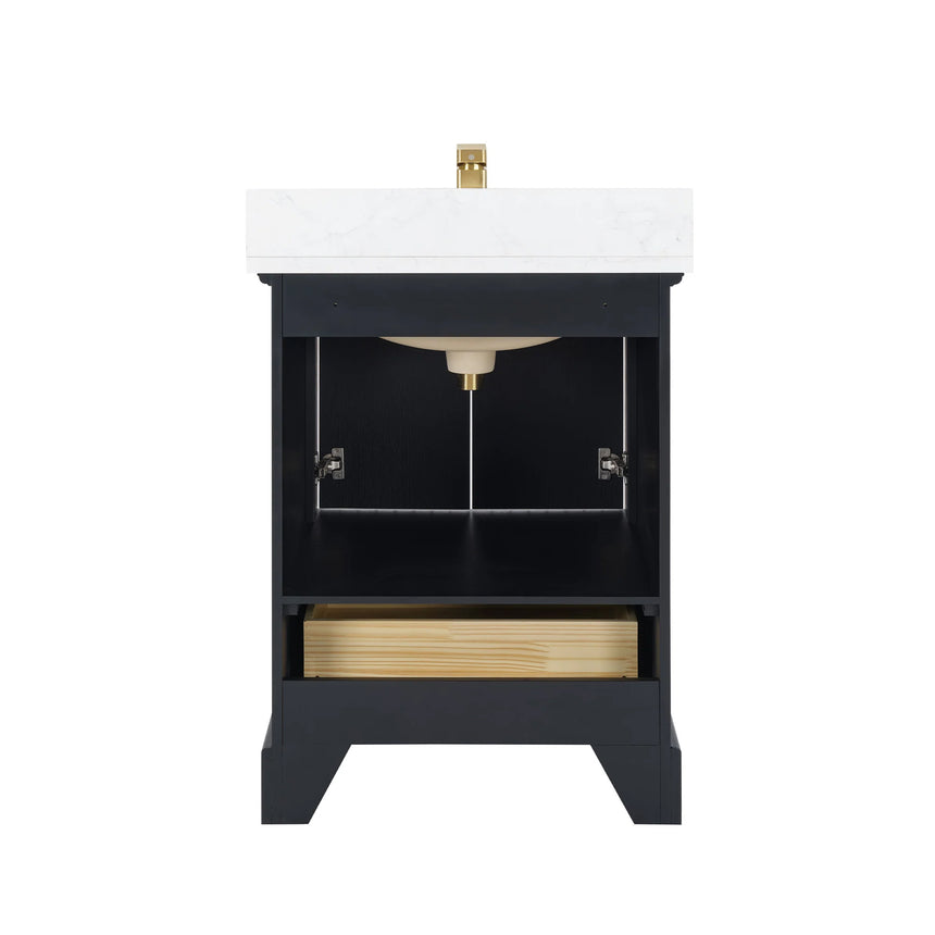 Bathroom vanity with wooden cabinet and white countertop in a bathroom setting.