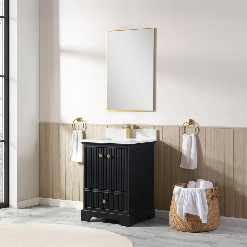 Bathroom vanity with wooden cabinet and white countertop in a bathroom setting.