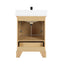 Wooden bathroom vanity with white sink on a white background