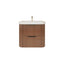 Wooden bathroom vanity with white countertop on a white background