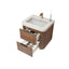 Bathroom vanity with sink and open drawer on a white background