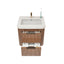Bathroom vanity with a sink and faucet on a white background