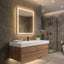 Modern bathroom vanity with illuminated mirror and wooden cabinet.