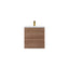 Wooden vanity unit with white countertop and gold faucet on a white background