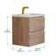 Wooden vanity with white countertop and gold faucet, showing dimensions on a white background