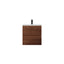 Wooden vanity unit with white countertop and black faucet on a white background