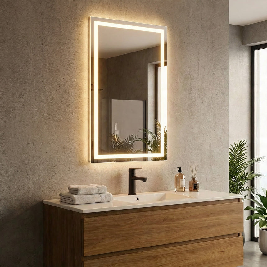 Bathroom mirror with LED lighting on a concrete wall.