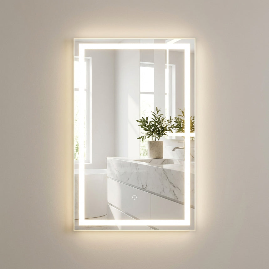 Bathroom mirror with LED lighting on a concrete wall.