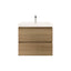 Wooden bathroom vanity with white countertop on a white background