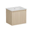 Beige bathroom vanity with white countertop on a white background