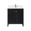 Black bathroom vanity with white countertop and gold fixtures on a white background