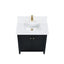 Black vanity with white countertop and gold fixtures on a white background