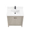 Bathroom vanity with white sink and wooden cabinet on a white background