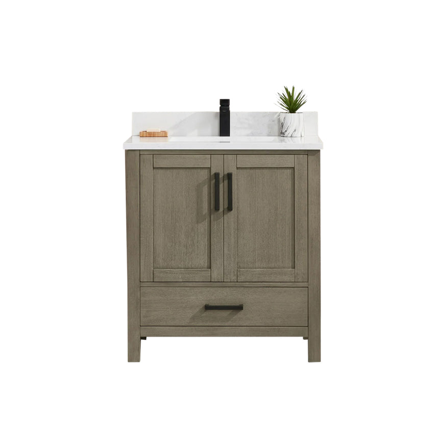 Bathroom vanity with wooden cabinets and white countertop, featuring a toilet and towel on the side.