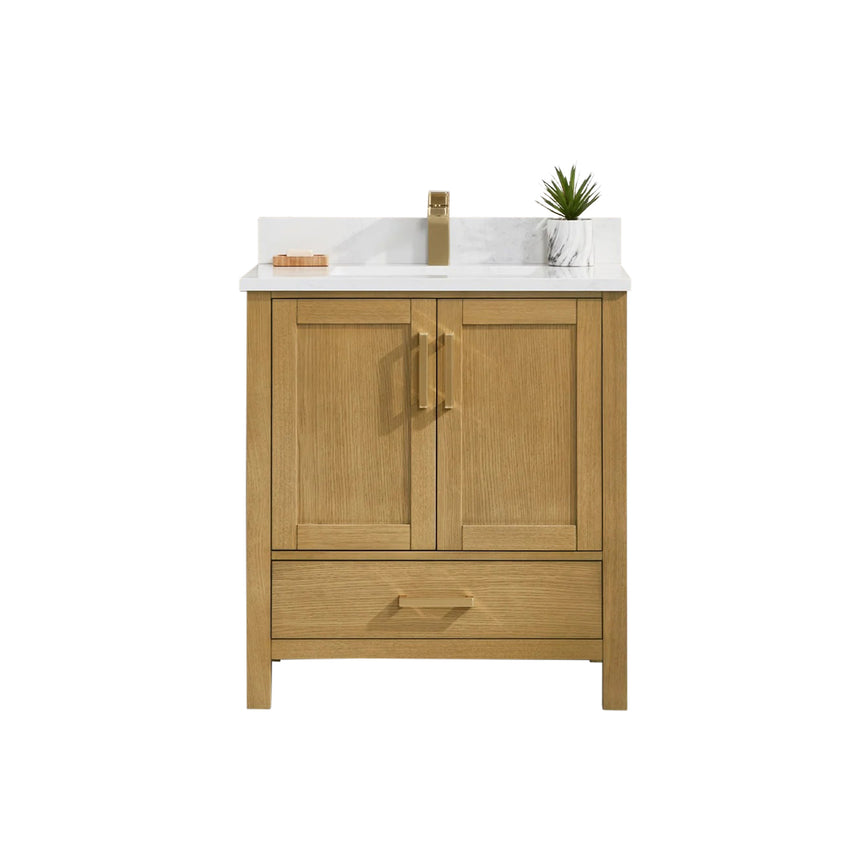 Bathroom vanity with wooden cabinets and white countertop, featuring a toilet and towel on the side.