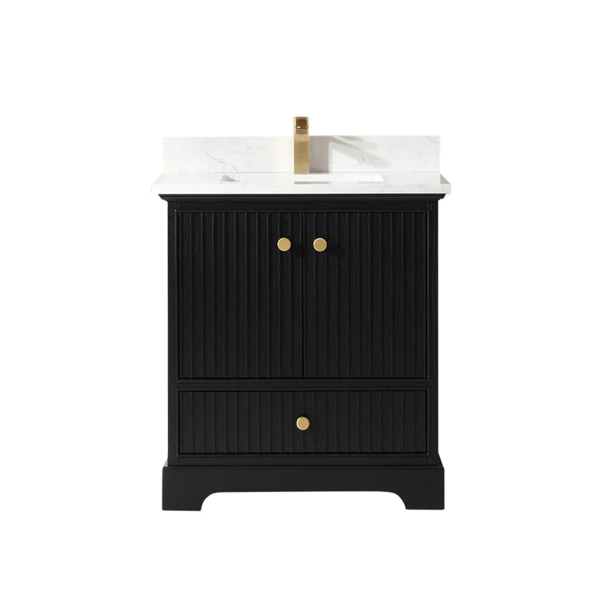 Bathroom vanity with wooden cabinet and white countertop in a bathroom setting.