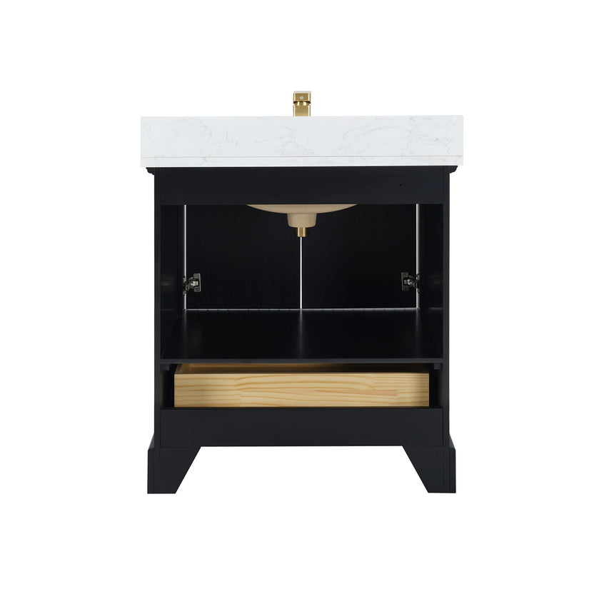 Bathroom vanity with wooden cabinet and white countertop in a bathroom setting.