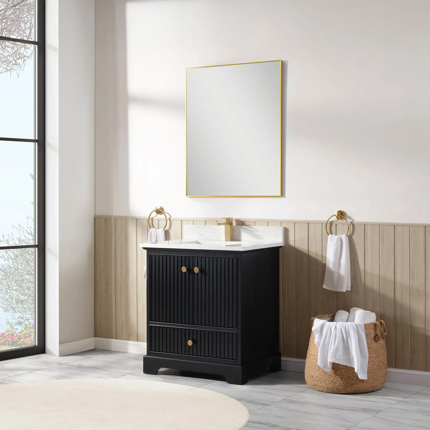 Bathroom vanity with wooden cabinet and white countertop in a bathroom setting.