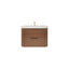 Wooden bathroom vanity with white countertop on a white background