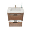 Bathroom vanity with wooden finish and white countertop on a white background