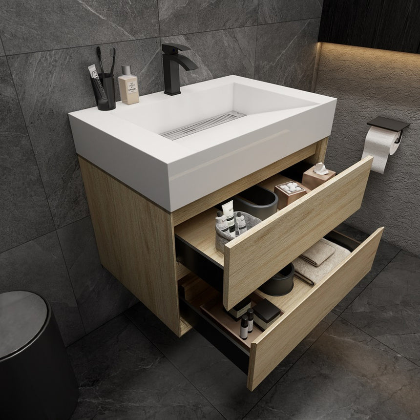 Maslow Floating Vanity with two drawers open