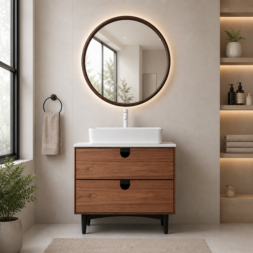 Bathroom vanity with two sinks, mirrors, and decorative elements.