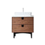 Wooden vanity with white sink on a white background