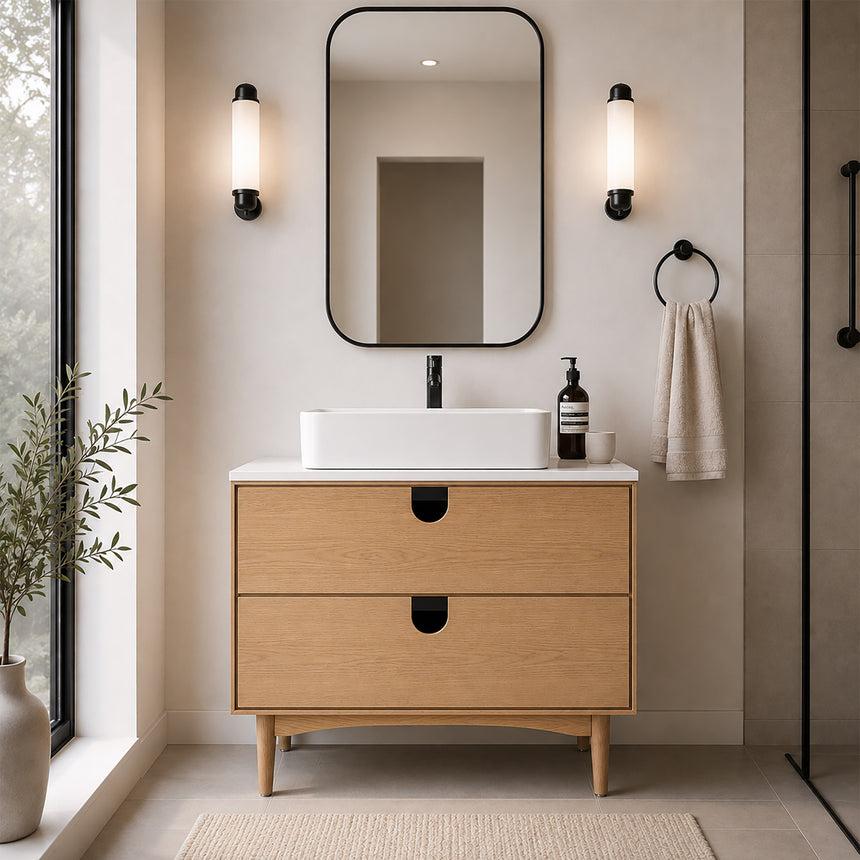 Bathroom vanity with two sinks, mirrors, and decorative elements.