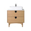 Wooden vanity with white countertop and sink on a white background