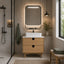 Bathroom interior with wooden vanity, mirror, and window