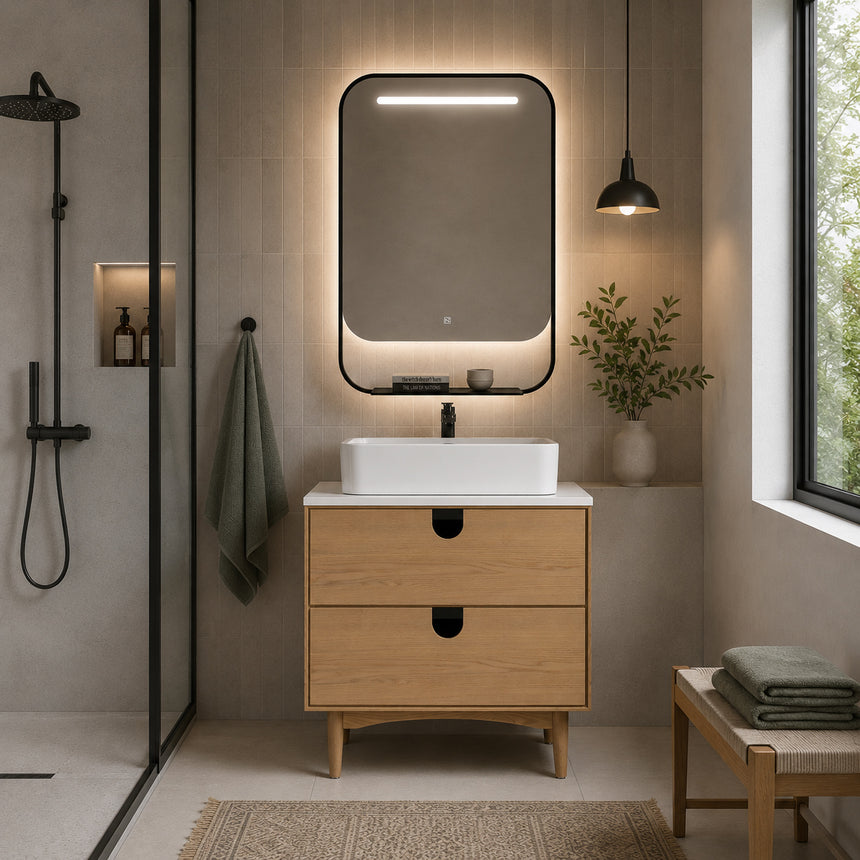 Bathroom vanity with two sinks, mirrors, and decorative elements.