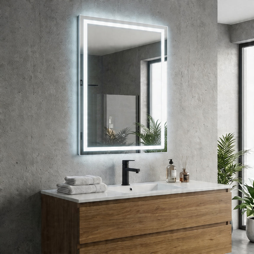 Bathroom mirror with LED lighting on a concrete wall.