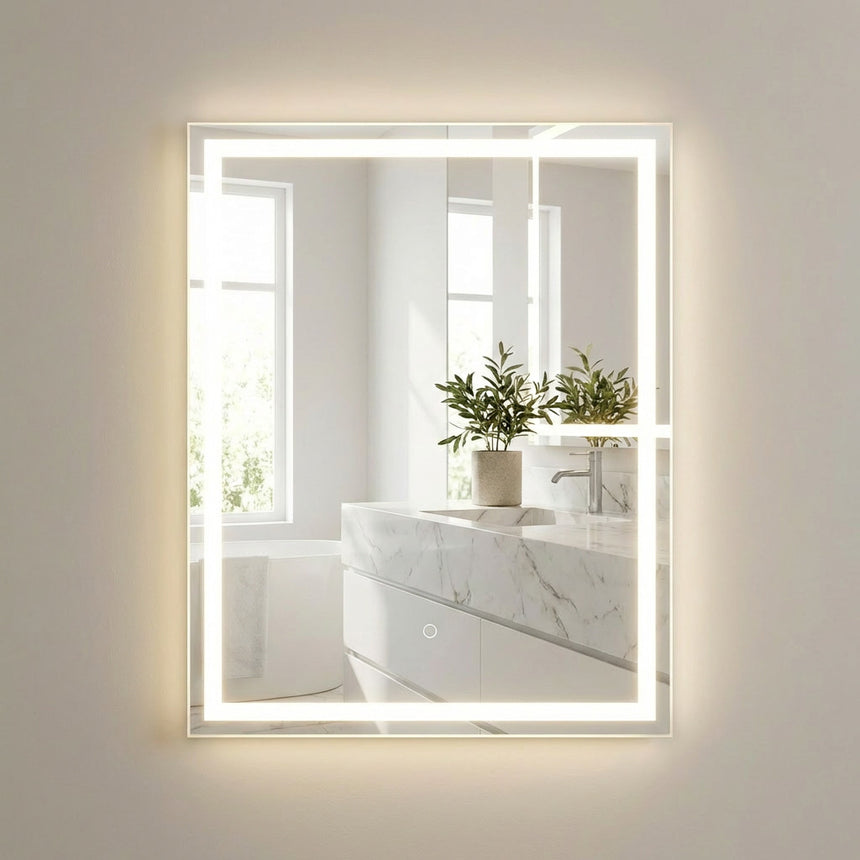Bathroom mirror with LED lighting on a concrete wall.