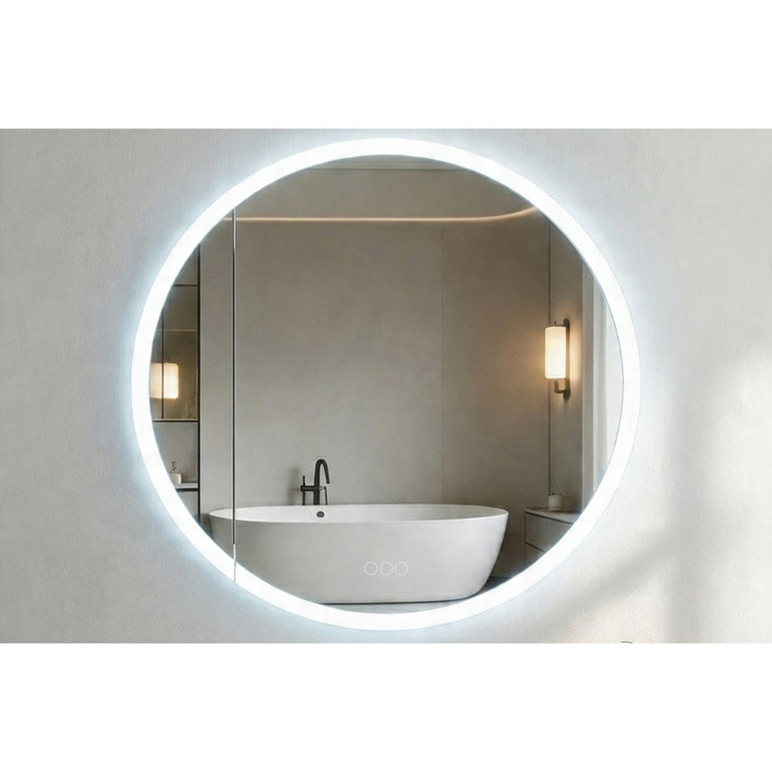 Bathroom mirror with LED lighting on a concrete wall.