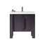 Bathroom vanity with white countertop and dark wood finish on a white background