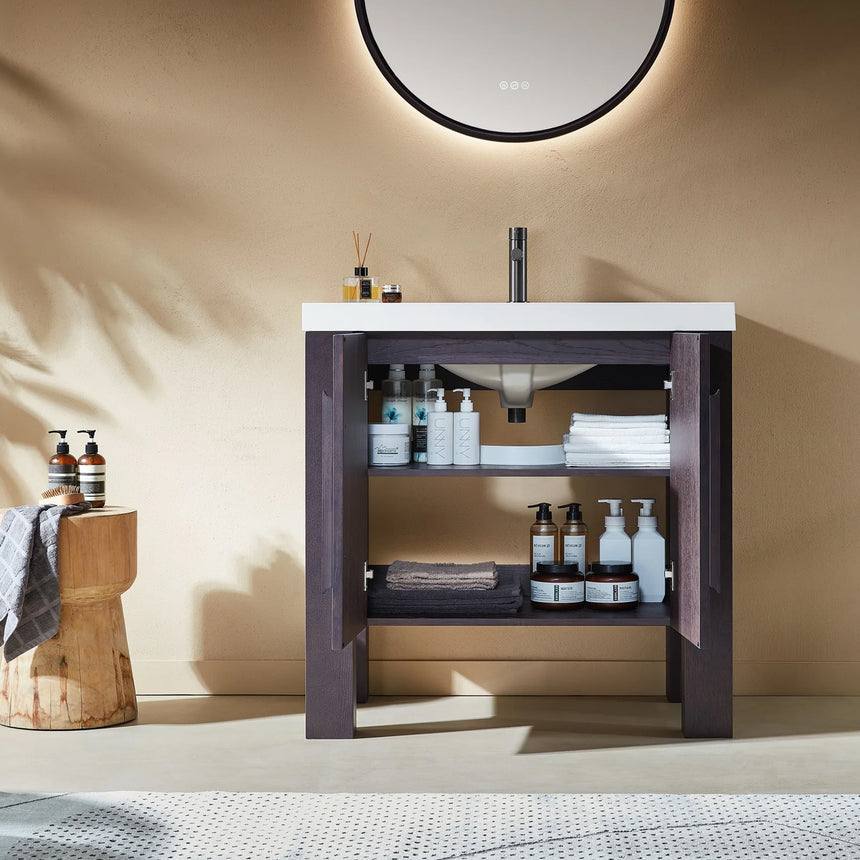 Bathroom with wooden vanity, white countertop, and decorative elements.